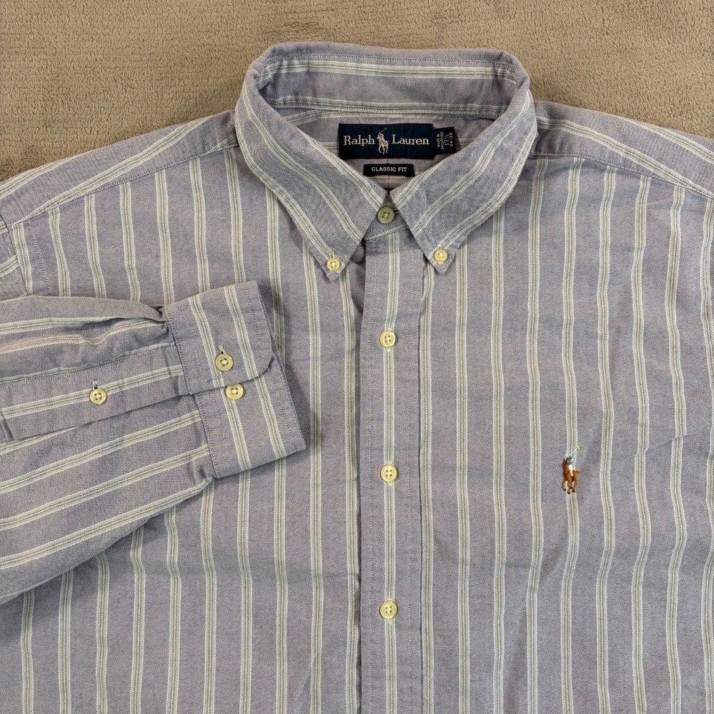 Polo Ralph Lauren Oxford Shirt 17.5 34/35 XL Blue Striped OCBD Flesh Pony Preppy